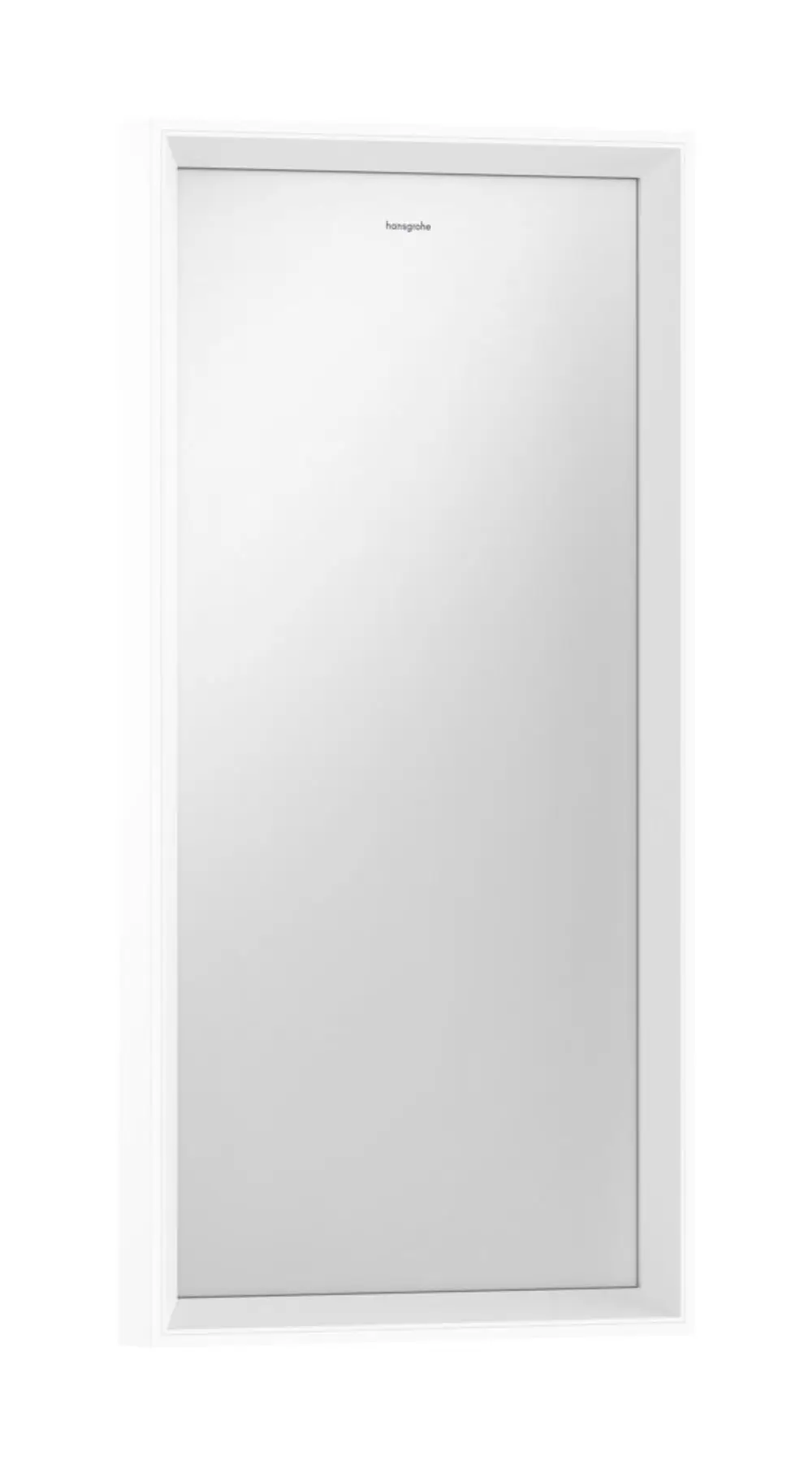 Spiegel mit integrierter LED-Beleuchtung, mattweißer Rahmen, ausgestattet mit IR-Sensor. Das Produkt stammt von Hansgrohe und eignet sich für Bad- oder Wohnräume.